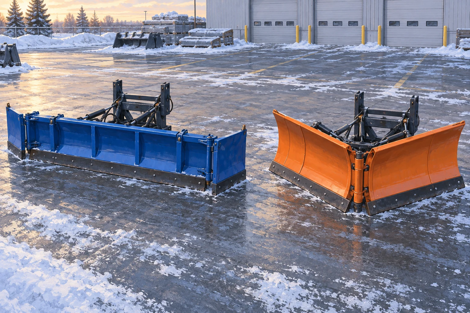 AI-generated illustration of a blue straight-center plow and an orange V-plow in a snowy equipment yard; conceptual designs, not exact product models.